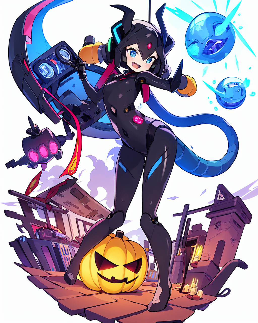 09206-3321949793-1girl, solo, blue eyes, candle, open mouth, smile, white background, horns, tail, full body, robot, jack-o'-lantern, simple back.png